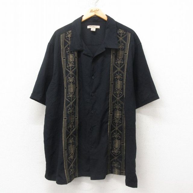 XL★古着 半袖 キューバ シャツ メンズ 刺繍 大きいサイズ 開襟 オープンカラー 黒 ブラック 25jun10 中古 トップス