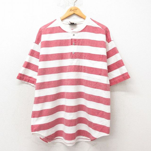 L★古着 FADED GLORY 半袖 トップス メンズ 00年代 00s コットン ヘンリーネック 赤 レッド ボーダー 25jun10 中古