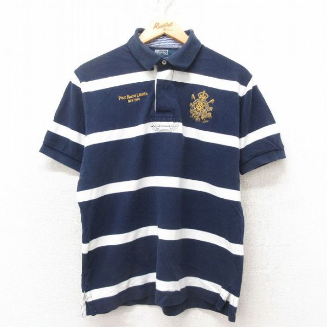 M★古着 ラルフローレン Ralph Lauren 半袖 ブランド ラガー シャツ メンズ 90年代 90s 鹿の子 コットン 紺 ネイビー ボーダー 25jun10 中古 トップス