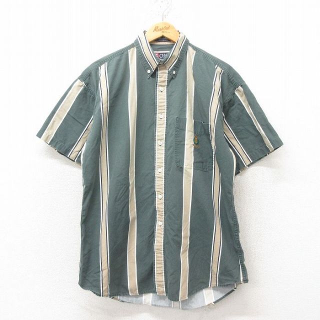 L★古着 ラルフローレン Ralph Lauren チャップス 半袖 ブランド シャツ メンズ 90年代 90s ワンポイントロゴ コットン ボタンダウン 緑 グリーン ストライプ 25jun10 中古 トップス