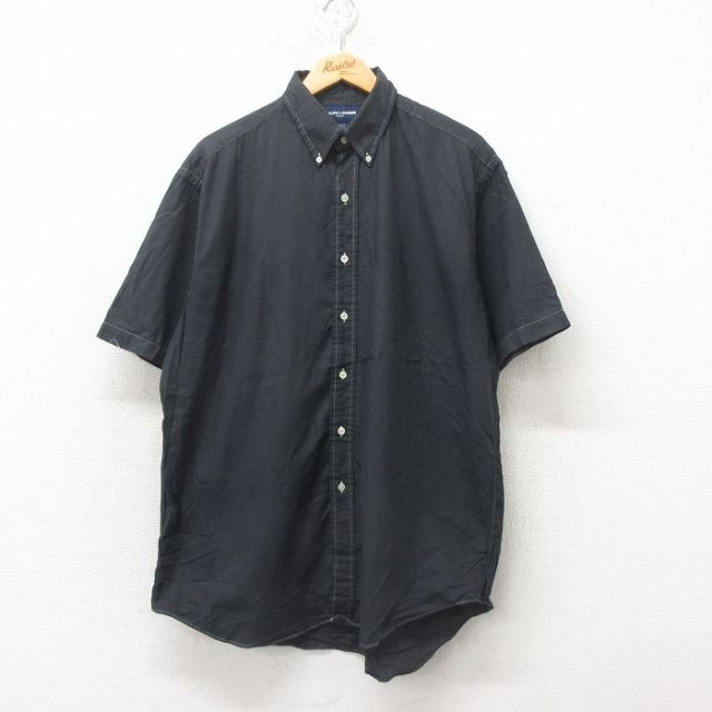 XL★古着 ラルフローレン Ralph Lauren ゴルフ 半袖 ブランド シャツ メンズ 90年代 90s ワンポイントロゴ BLAKE 大きいサイズ ロング丈 コットン ボタンダウン 黒 ブラック 【spe】 25jun10 中古 トップス