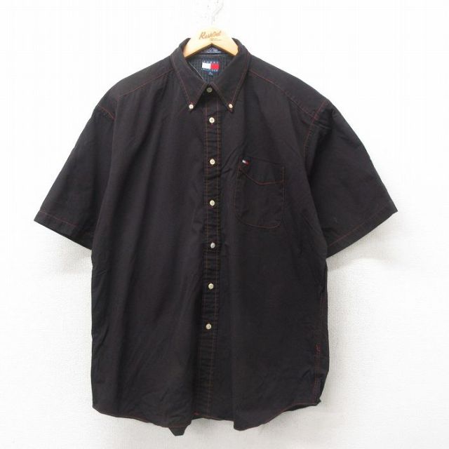 XL★古着 トミーヒルフィガー TOMMY HILFIGER 半袖 ブランド シャツ メンズ 90年代 90s ワンポイントロゴ 大きいサイズ コットン ボタンダウン 黒 ブラック 25jun10 中古 トップス