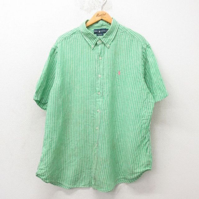 XL★古着 ラルフローレン Ralph Lauren 半袖 ブランド シャツ メンズ 90年代 90s ワンポイントロゴ 大きいサイズ ロング丈 リネン ボタンダウン 緑 グリーン ストライプ 25jun10 中古 トップス