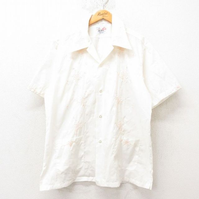 XL★古着 半袖 シャツ メンズ 70年代 70s 花 刺繍 開襟 オープンカラー 白 ホワイト 【spe】 25jun10 中古 トップス