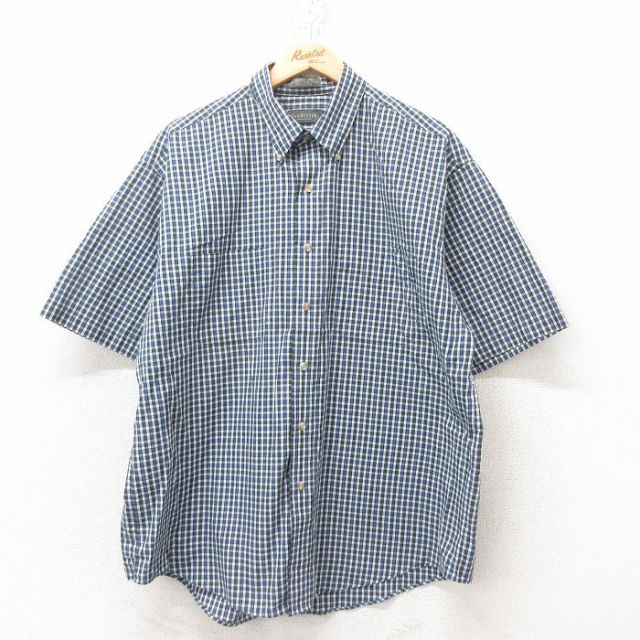 XL★古着 バンヒューセン 半袖 シャツ メンズ ボタンダウン 紺 ネイビー チェック 25jun10 中古 トップス