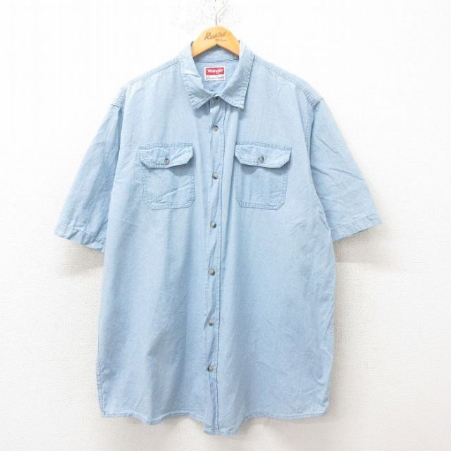 XL★古着 ラングラー Wrangler 半袖 シャツ メンズ 大きいサイズ ロング丈 コットン 薄紺 ネイビー 25jun10 中古 トップス