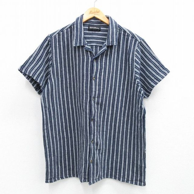 XL★古着 半袖 シャツ メンズ 開襟 オープンカラー 紺他 ネイビー ストライプ 25jun11 中古 トップス