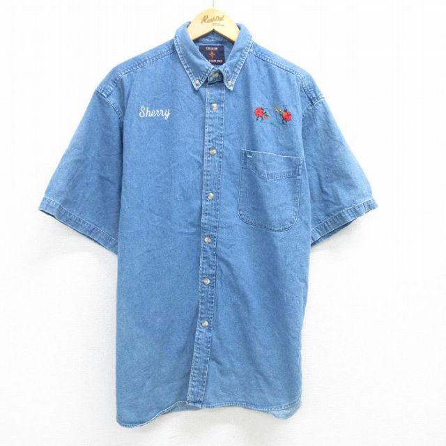 XL★古着 半袖 シャツ メンズ 90年代 90s てんとう虫 大きいサイズ ロング丈 コットン ボタンダウン 紺 ネイビー デニム 25jun14 中古 トップス