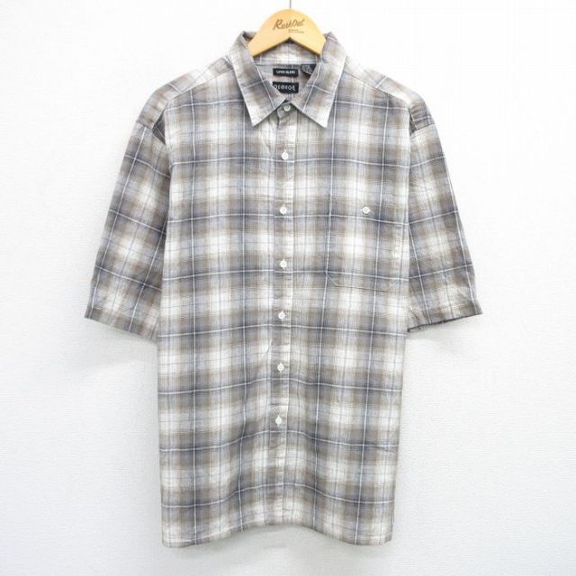 XL★古着 半袖 シャツ メンズ 大きいサイズ リネン 茶他 ブラウン チェック 25jun14 中古 トップス