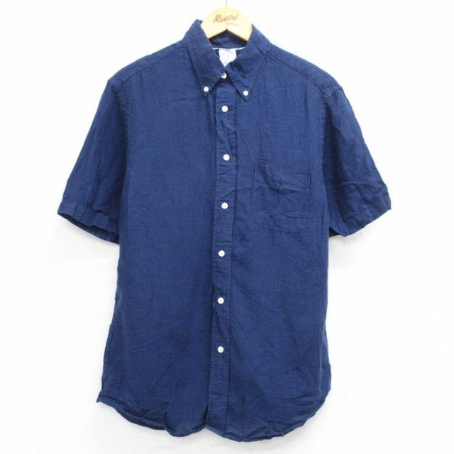 L★古着 ブルックスブラザーズ BROOKS BROTHERS 半袖 ブランド シャツ メンズ リネン ボタンダウン 紺 ネイビー 25jun14 中古 トップス