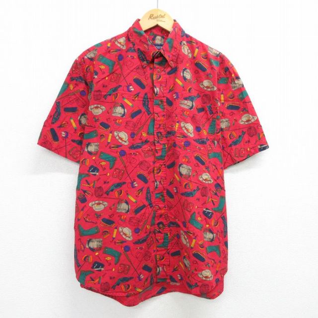 【50%OFF】XL★古着 半袖 シャツ メンズ 釣り 長靴 魚 総柄 大きいサイズ コットン ボタンダウン 赤他 レッド 25jun14 中古 トップス