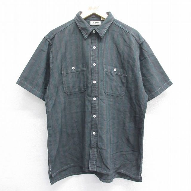 XL★古着 エルエルビーン LLBEAN 半袖 シャツ メンズ 90年代 90s COOL WEAVE コットン USA製 黒他 ブラック ストライプ 【spe】 25jun14 中古 トップス
