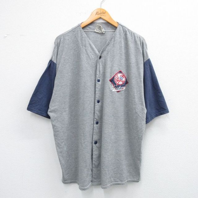 XL★古着 リー Lee 半袖 ベースボール シャツ メンズ 00年代 00s MLB ニューヨークヤンキース ツートンカラー 大きいサイズ グレー 霜降り メジャーリーグ 野球 25jun14 中古 トップス