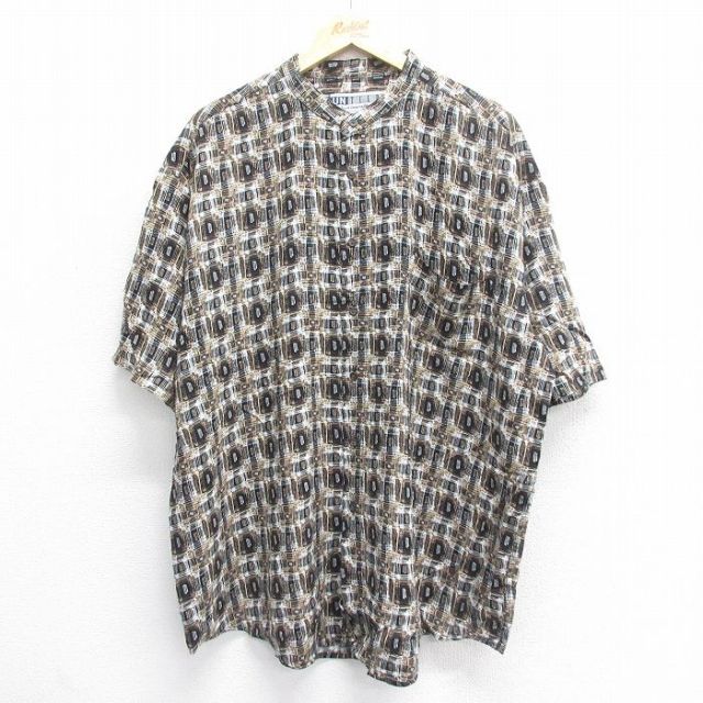 XL★古着 半袖 シャツ メンズ 総柄 大きいサイズ ロング丈 レーヨン ノーカラー 黒他 ブラック 25jun14 中古 トップス