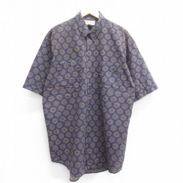 【50%OFF】90s 半袖シャツ 総柄 ネイビー XL | 古着