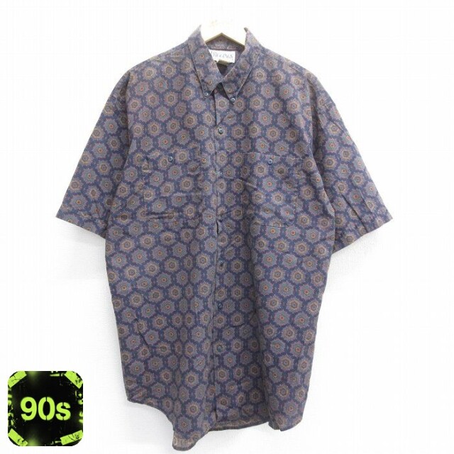 【50%OFF】90s 半袖シャツ 総柄 ネイビー XL | 古着