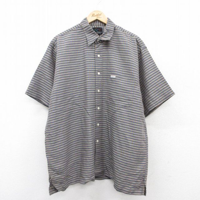 XL★古着 グレッグノーマン 半袖 シャツ メンズ 大きいサイズ ロング丈 リネン 紺他 ネイビー チェック 25jun16 中古 トップス