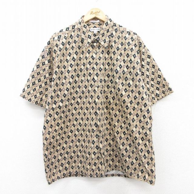 XL★古着 ピエールカルダン pierre cardin 半袖 シャツ メンズ 90年代 90s 総柄 大きいサイズ コットン ベージュ他 カーキ 25jun16 中古 トップス