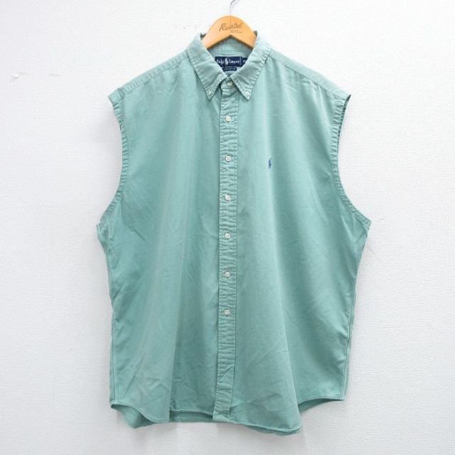 XL★古着 ラルフローレン Ralph Lauren 半袖 ブランド シャツ メンズ 90年代 90s ワンポイントロゴ 大きいサイズ ロング丈 コットン ボタンダウン 薄緑 グリーン 25jun16 中古 トップス