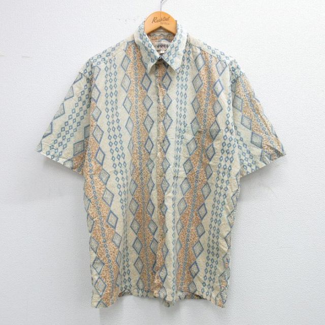 【50%OFF】L★古着 半袖 シャツ メンズ 00年代 00s　総柄 コットン 薄ベージュ他 カーキ 25jun16 中古 トップス