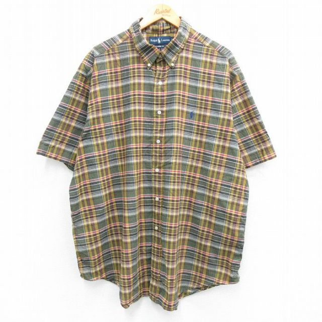 XL★古着 ラルフローレン Ralph Lauren 半袖 ブランド シャツ メンズ 00年代 00s ワンポイントロゴ 大きいサイズ ロング丈 コットン ボタンダウン 黄色系他 イエロー チェック 25jun16 中古 トップス