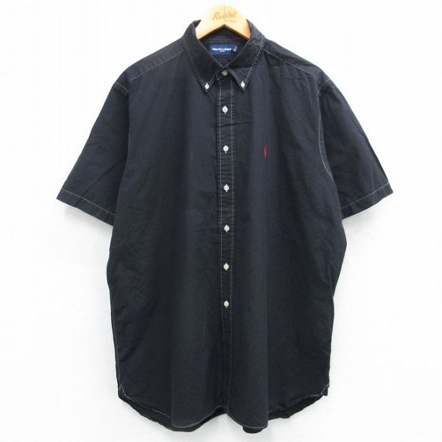 XL★古着 ラルフローレン Ralph Lauren 半袖 ブランド シャツ メンズ 90年代 90s ゴルフ ワンポイントロゴ 大きいサイズ コットン ボタンダウン 黒 ブラック チェック 25jun16 中古 トップス