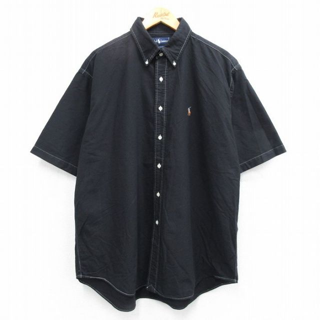XL★古着 ラルフローレン Ralph Lauren 半袖 ブランド シャツ メンズ 90年代 90s ワンポイントロゴ オックスフォード 大きいサイズ コットン ボタンダウン 黒 ブラック 【spe】 25jun16 中古 トップス