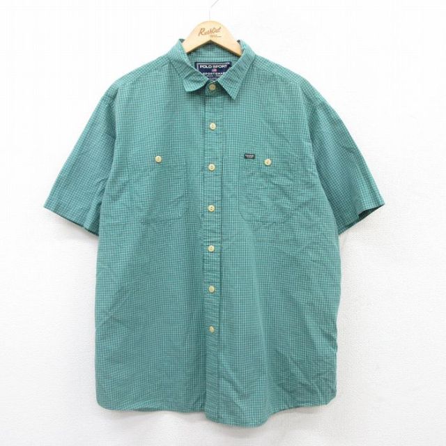 XL★古着 ラルフローレン Ralph Lauren ポロスポーツ 半袖 ブランド シャツ メンズ 大きいサイズ コットン 緑他 グリーン チェック 【spe】 25jun16 中古 トップス