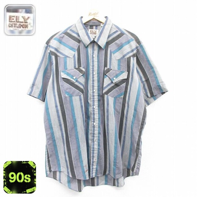 ELY 90s 半袖ウエスタンシャツ ストライプ グレー XL | 古着