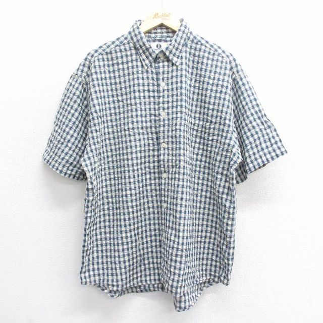 XL★古着 アリゾナジーンズ 半袖 シャツ メンズ 00年代 00s シアサッカー コットン ボタンダウン 紺他 ネイビー チェック 25jun16 中古 トップス