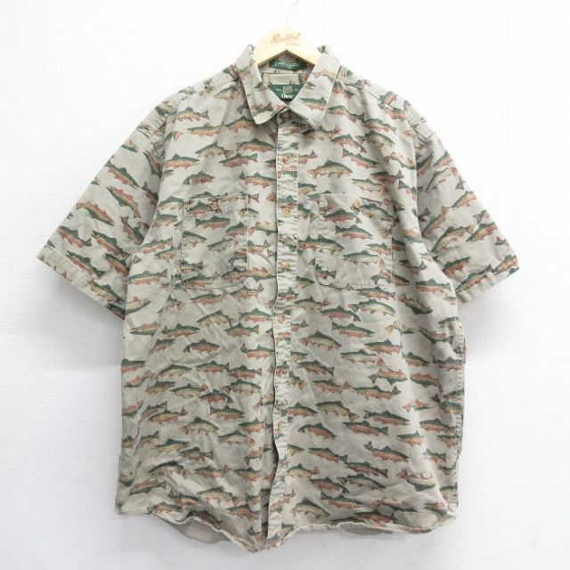 XL★古着 オービス ORVIS 半袖 シャツ メンズ 90年代 90s 魚 大きいサイズ ロング丈 コットン ベージュ カーキ 【spe】 25jun16 中古 トップス