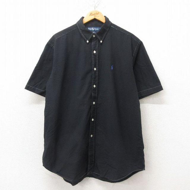 XL★古着 ラルフローレン Ralph Lauren 半袖 ブランド シャツ メンズ 90年代 90s ワンポイントロゴ BLAKE シアサッカー 大きいサイズ ボタンダウン 黒 ブラック 25jun16 中古 トップス