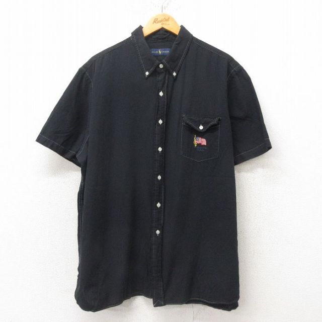 XL★古着 ラルフローレン Ralph Lauren 半袖 ブランド シャツ メンズ 大きいサイズ コットン ボタンダウン 黒 ブラック 【spe】 25jun16 中古 トップス