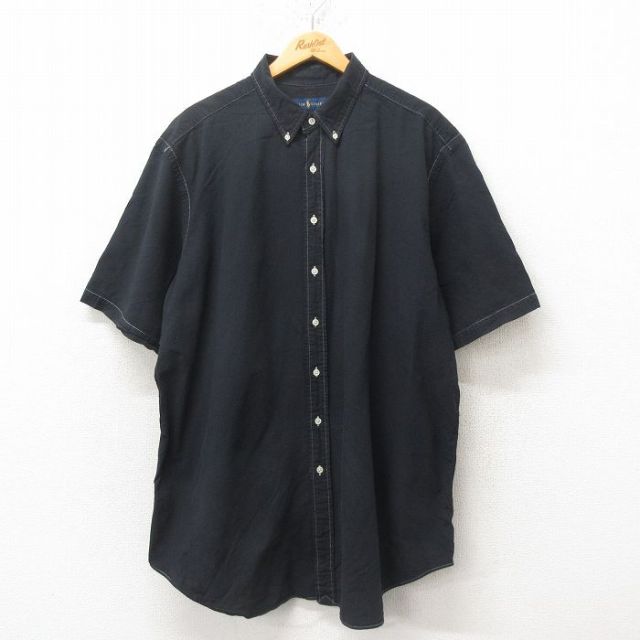 XL★古着 ラルフローレン Ralph Lauren 半袖 ブランド シャツ メンズ ワンポイントロゴ シアサッカー コットン ボタンダウン 黒 ブラック 25jun16 中古 トップス