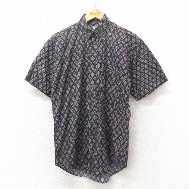 M★古着 ラルフローレン Ralph Lauren チャップス 半袖 ブランド シャツ メンズ 80年代 80s 花柄 コットン ボタンダウン 紺 ネイビー 25jun16 中古 トップス