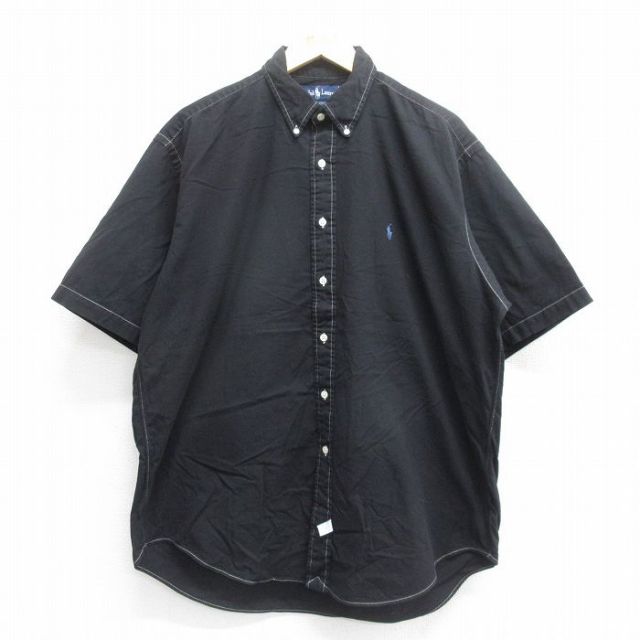 XL★古着 ラルフローレン Ralph Lauren 半袖 ブランド シャツ メンズ 90年代 90s ワンポイントロゴ 大きいサイズ コットン ボタンダウン 黒 ブラック 25jun17 中古 トップス