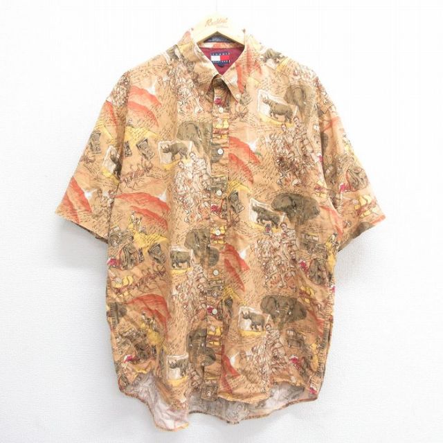 【50%OFF】XL★古着 トミーヒルフィガー TOMMY HILFIGER 半袖 ブランド シャツ メンズ 90年代 90s ワンポイントロゴ サイ ゾウ 大きいサイズ ロング丈 リネン ボタンダウン 茶他 ブラウン 【spe】 25jun17 中古 トップス