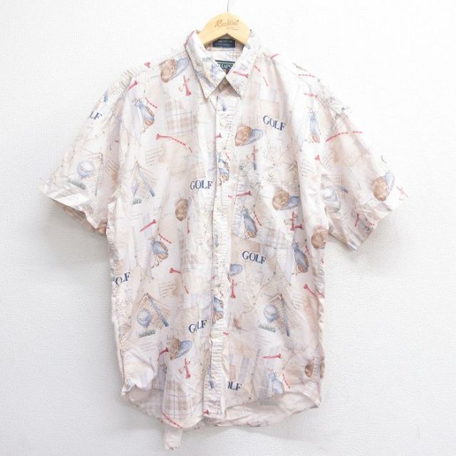 【50%OFF】XL★古着 ラルフローレン Ralph Lauren チャップス 半袖 ブランド シャツ メンズ 80年代 80s ゴルフ コットン ボタンダウン 薄ベージュ他 カーキ 【spe】 25jun17 中古 トップス