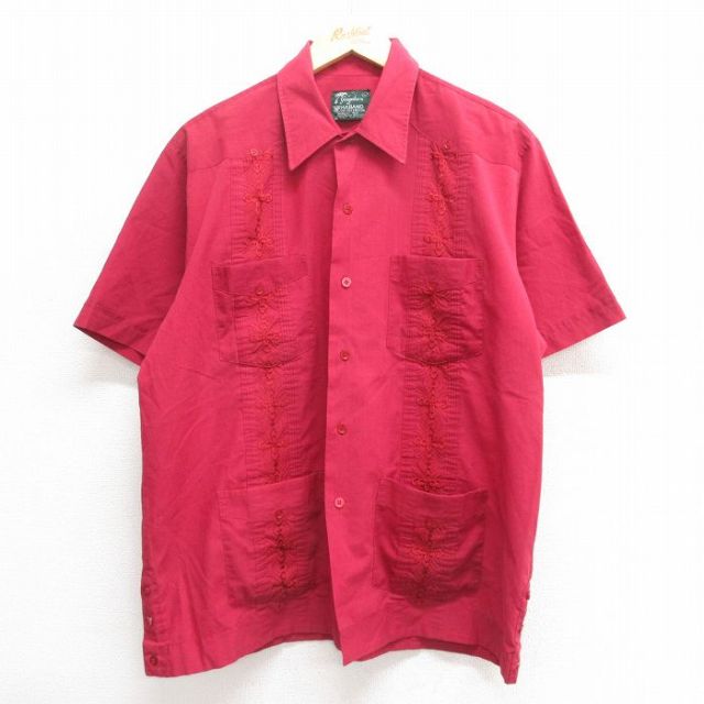 XL★古着 HABAND 半袖 キューバ シャツ メンズ 90年代 90s 刺繍 エンジ 25jun17 中古 トップス