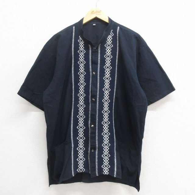 XL★古着 半袖 シャツ メンズ 大きいサイズ ノーカラー 紺他 ネイビー 25jun17 中古 トップス