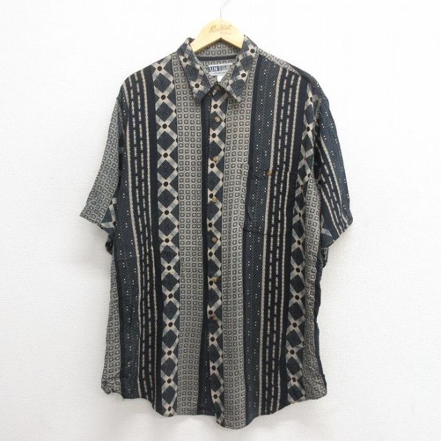 XL★古着 半袖 シャツ メンズ 00年代 00s ロング丈 レーヨン 黒他 ブラック 25jun17 中古 トップス