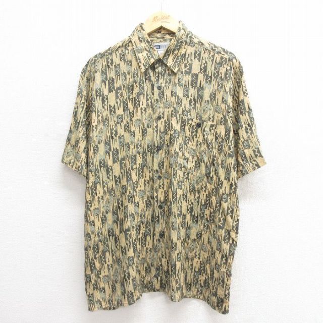 【50%OFF】L★古着 半袖 シャツ メンズ 00年代 00s　レーヨン ベージュ他 カーキ 25jun17 中古 トップス