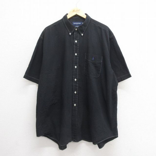XL★古着 ラルフローレン Ralph Lauren ゴルフ 半袖 ブランド シャツ メンズ 90年代 90s ワンポイントロゴ TILDEN シアサッカー 大きいサイズ ロング丈 コットン 黒 ブラック 【spe】 25jun17 中古 トップス