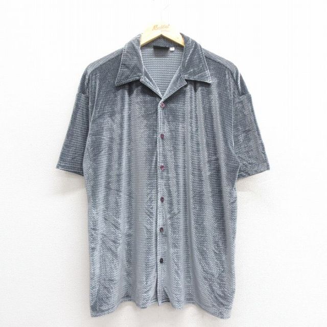 XL★古着 半袖 シャツ メンズ 90年代 90s ベロア地 メッシュ地 開襟 オープンカラー グレー 25jun17 中古 トップス