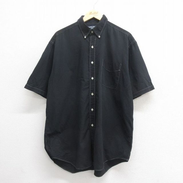 XL★古着 ラルフローレン Ralph Lauren ゴルフ 半袖 ブランド シャツ メンズ 90年代 90s ワンポイントロゴ TILDEN シアサッカー 大きいサイズ ロング丈 コットン ボタンダウン 黒 ブラック 25jun17 中古 トップス