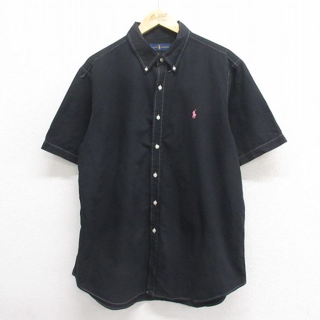 XL★古着 ラルフローレン Ralph Lauren 半袖 ブランド シャツ メンズ ワンポイントロゴ シアサッカー コットン ボタンダウン 黒 ブラック 25jun17 中古 トップス