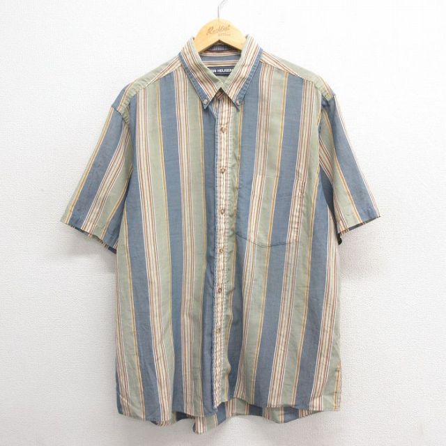 XL★古着 バンヒューセン 半袖 シャツ メンズ 90年代 90s ボタンダウン 緑他 グリーン ストライプ 25jun17 中古 トップス