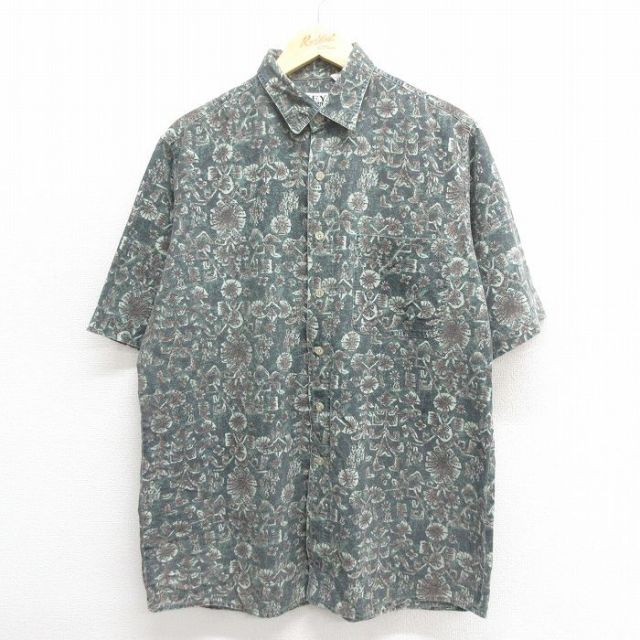 【50%OFF】L★古着 KEY ELEMENTS 半袖 シャツ メンズ 90年代 90s コットン 緑 グリーン 25jun17 中古 トップス