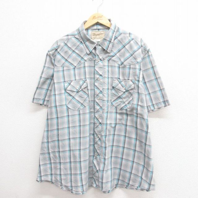 XL★古着 ラングラー Wrangler 半袖 ウエスタン シャツ メンズ 大きいサイズ グレー チェック 25jun18 中古 トップス