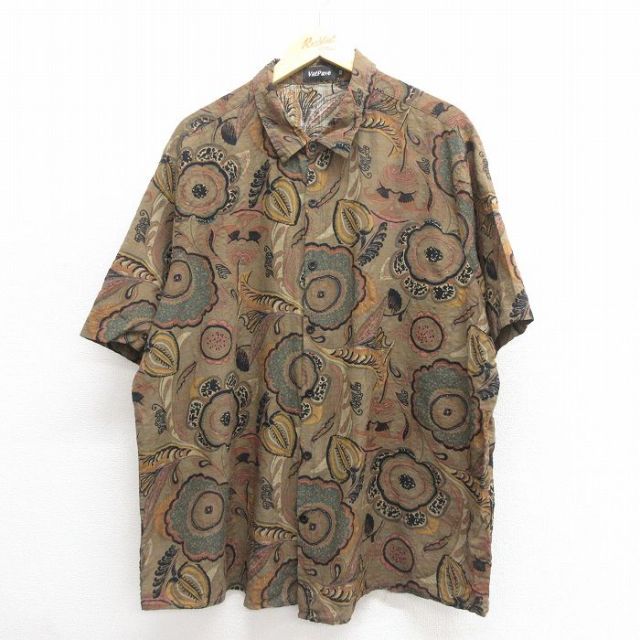 XL★古着 半袖 シャツ メンズ 花柄 大きいサイズ 茶 ブラウン 25jun18 中古 トップス